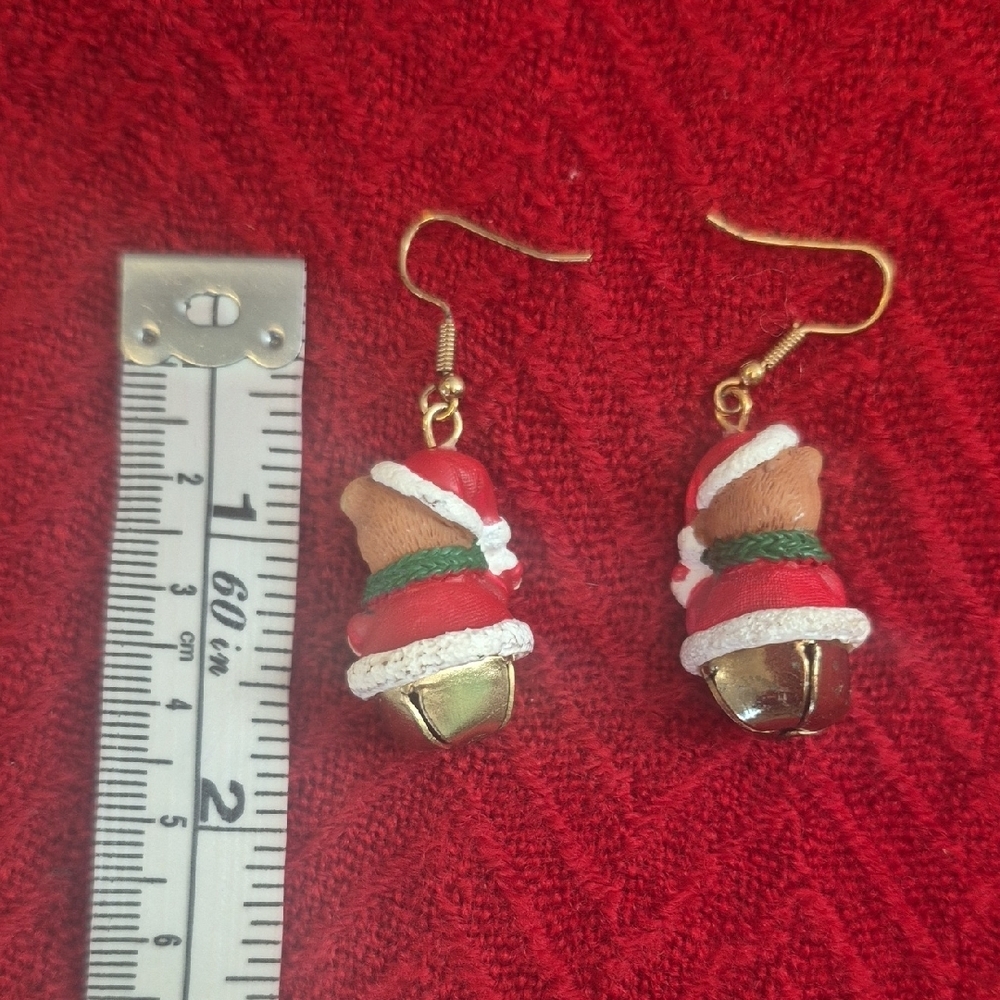 Festive Teddy Bear Earrings with Gold Bells - Picture 2 of 3